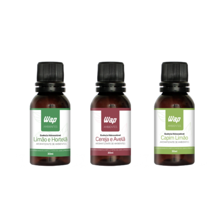 KIT ESSÊNCIA HIDROSSOLÚVEL WAP (CEREJA E AVELÃ / CAPIM LIMÃO / LIMÃO E HORTELÃ)